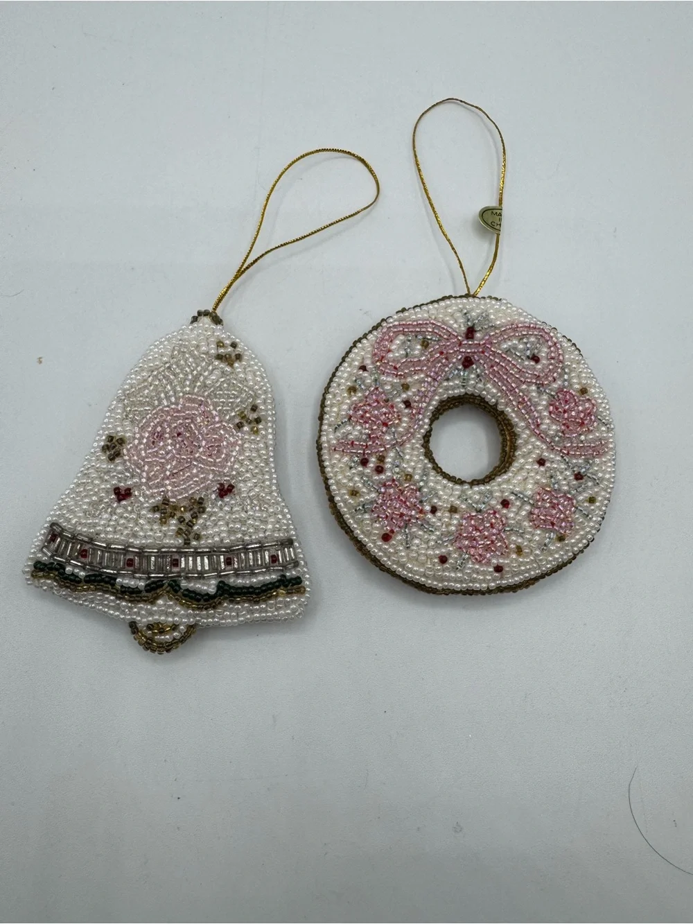 2 VTG Hand Beaded Embroidered Christmas Holiday Ornaments Bell Wreath